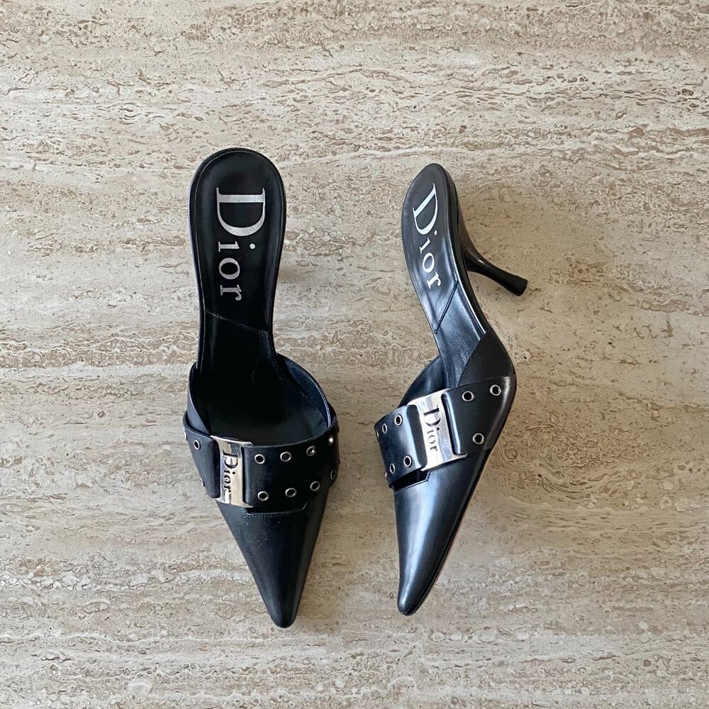 Vintage Dior Grommet Logo Buckle Mule Heels